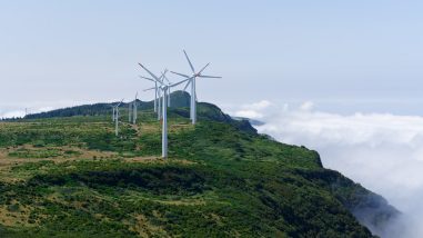 A shot of wind turbines on the mountains